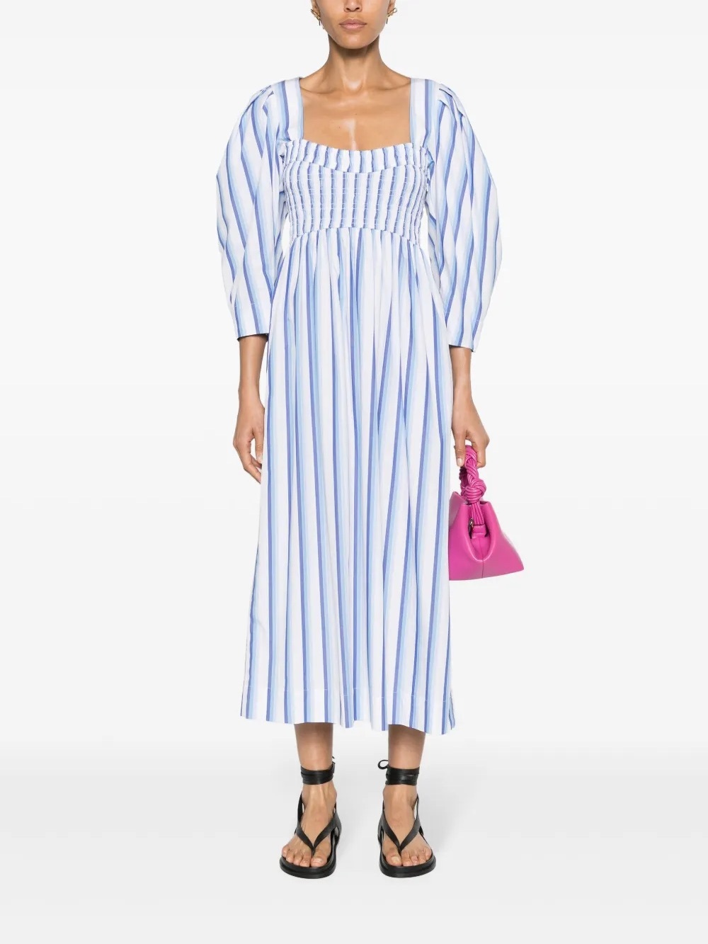 NWT Ganni Silver Lake Blue Striped Smock Dress 36